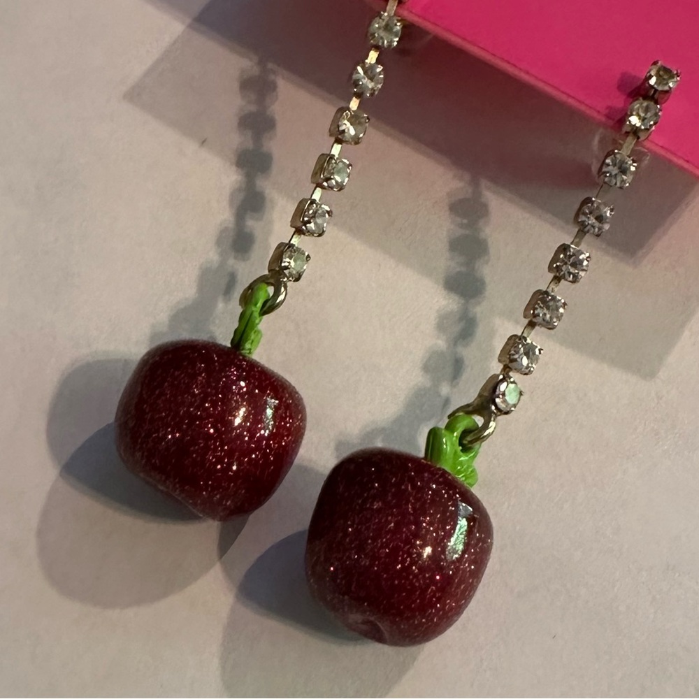 Betsey Johnson Earrings Red Sparkle Glitter Apple Dangle Rhinestones NEW - Picture 6 of 7